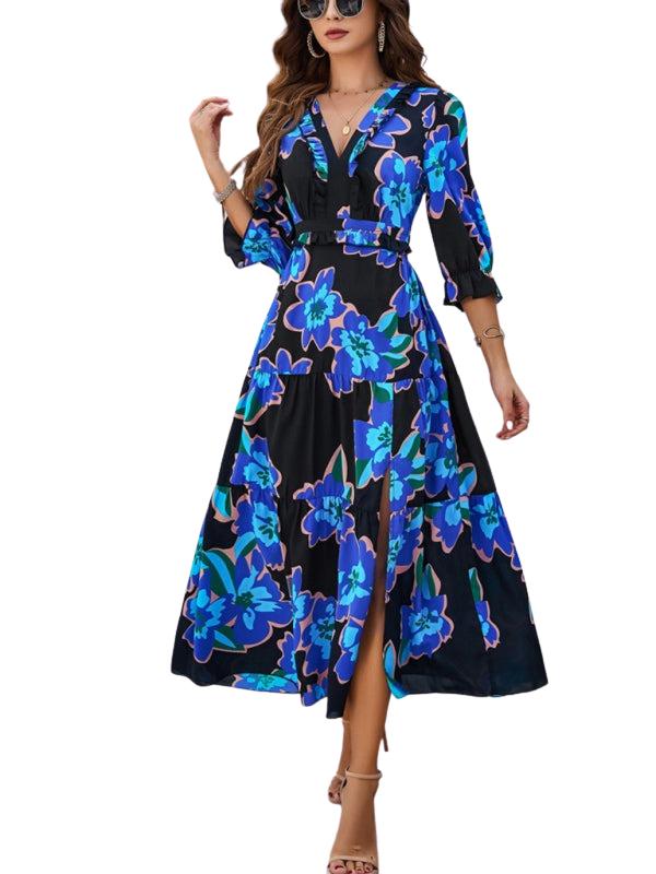 SHOPIQAT Spring and Summer New Holiday Casual Printed V-Neck Slit Dress - Premium from shopiqat - Just $10.100! Shop now at shopiqat